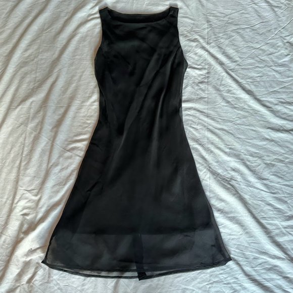 Sold! - Sheer Mesh Lined Boat Neck Black A-Line Dress - Picture 1 of 3